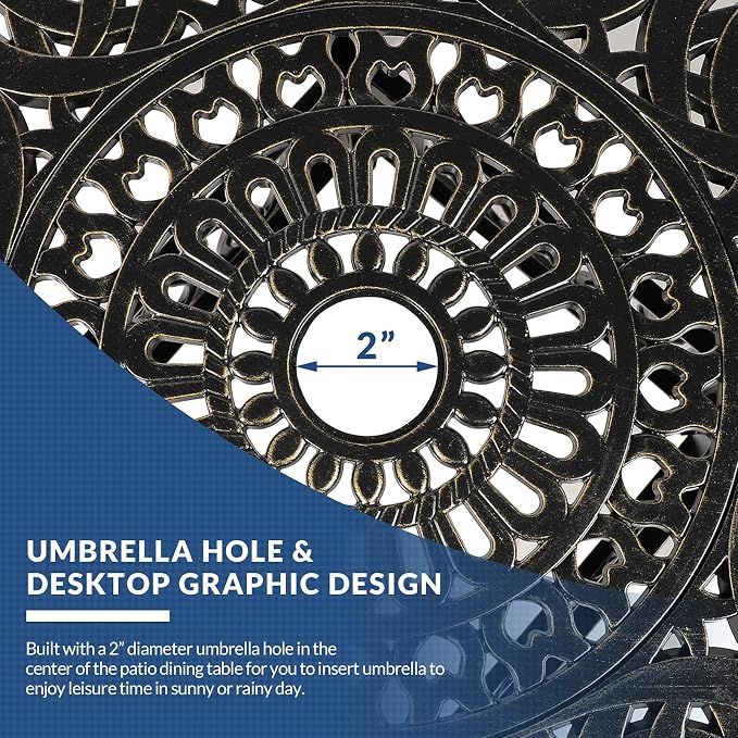 5-Piece Outdoor Patio Dining Set, All-Weather Cast Aluminum Patio Table Set, Include 4 Chairs and a 35.4 inch Round Table w/Umbrella Hole for Balcony Garden Backyard