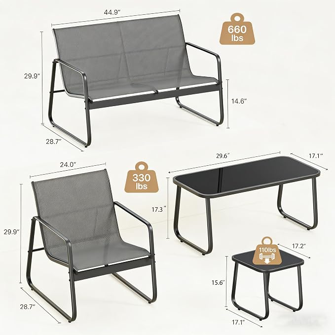 Gizoon 7 Piece Outdoor Patio Furniture Set, Teslin Fabric Outdoor Conversation Set with Loveseat, 4 Single Chairs & 2 Coffee Tables, Modern Metal Frame, for Backyard, Porch, Garden, Poolside, Grey