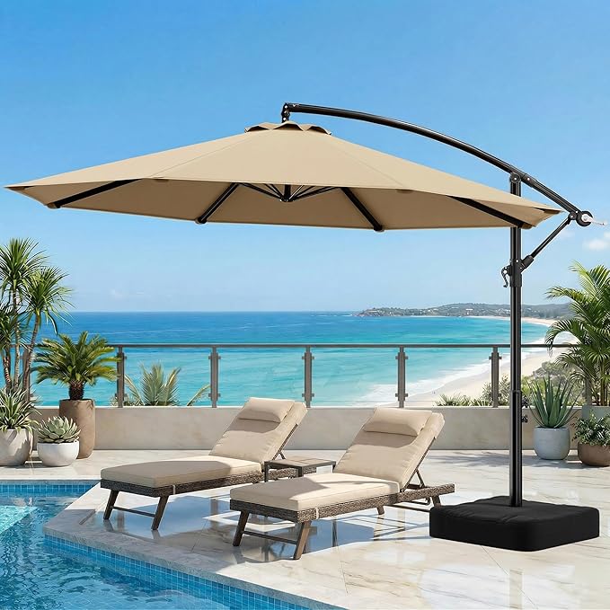 OLILAWN Cantilever Offset Patio Umbrellas, Outdoor 10 feet Large Patio Umbrella with Base Included, Upgraded Yarn-dyed Fabric Shade, Sturdy 8 Rids, 360 Degree Rotation & Easy Tilt Adjustment, for Resort Courtyard Hotel Leisure Zone Commercial Leisure T...