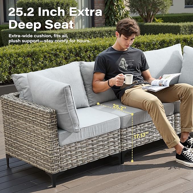 11 Pieces Outdoor Sectional Patio Furniture Set with 54" Fire Pit,Wicker Conversation Sets Rattan L Shaped Couch Swivel Rocking Chairs,Modular Outdoor Sofa for Porch Balcony Backyard Grey