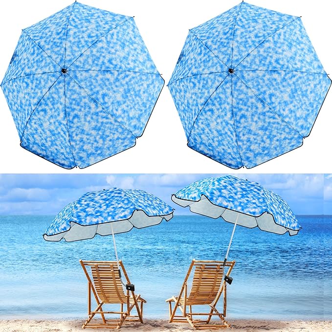 Buryeah 2 Pcs Beach Chair Umbrella Automatic with Universal Adjustable Clamp 44" UPF 50+ Portable Clamp on Beach Chair for Wheelchair Patio Golf Carts Camping