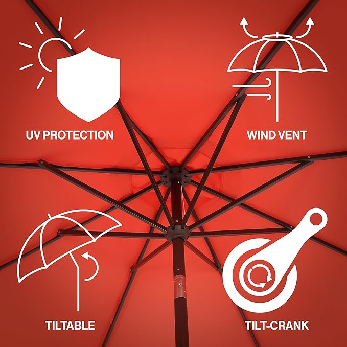 JONATHAN Y Tracy 9 ft. Outdoor Patio Umbrella with Scalloped Edge, Coastal Market Table Umbrella with Crank Lift and Tilt, 8 Sturdy Ribs UV Resistant for Pool, Coral Red, Dark Brown Pole UMB1002A