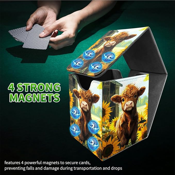 Sunflower Baby Cow Card Deck Box for MTG, Personalized Card Storage Case Fits 120+ Sleeved Cards, Premium Leather TCG Box with Strong Magnetic Closure for Magic, CCG, PTCG, Baseball Cards