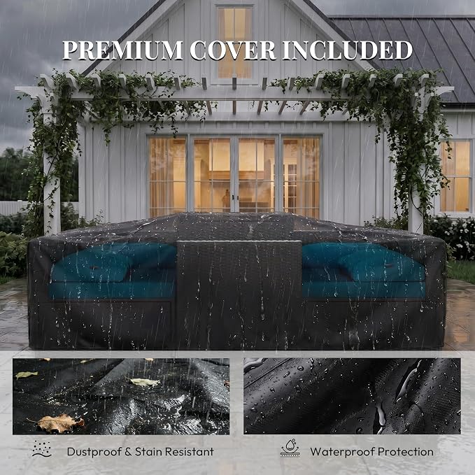 WWR Patio Furniture Set 7 Piece - All-Weather - Wicker Rattan Patio Outdoor Conversation Set, Modular Sectional Sofa for Backyard, Garden, Poolside, Balcony, Porch, Patio, Brown/Peacock Blue