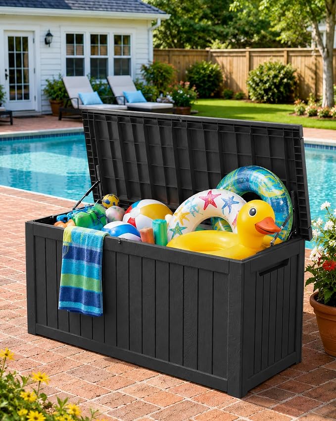 MAKINO 274 Gallon Large Waterproof Deck Box, Heavy Duty Resin Outdoor Storage Box, Outside Storage Bench with Hydraulic Rod for Patio/Furniture Cushions/Garden Tools/Backyard/Pool Accessories, Black