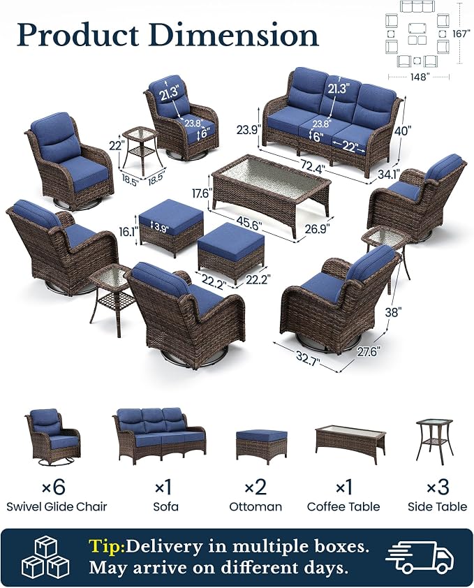 HILLGA Luxury Outdoor Patio Furniture Set with 6-Inch Thick Cushions, High Back Wicker Swivel Rocker Chairs, 13 Pcs All Weather Conversation Set for Large Deck, Yard and Poolside, Blue (V3)