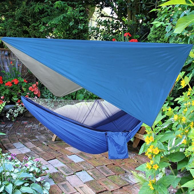 Portable Hammock with Net, Integrated Hanging Hammock for Outdoor Camping Traveling, Canopy to Wind Rain, Sturdy Nylon Fabric Polyester Material, Supports Up to (Blue Sky with Blue Hammock)