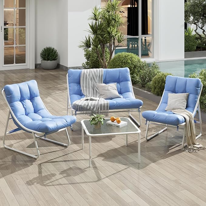 Patio Furniture Set, 4-Piece Outdoor Patio Conversation Set with Cushions & Glass Coffee Table, 2-in-1 Metal Patio Sofa Sets for Backyard, Garden, Porch, Poolside, White & Blue