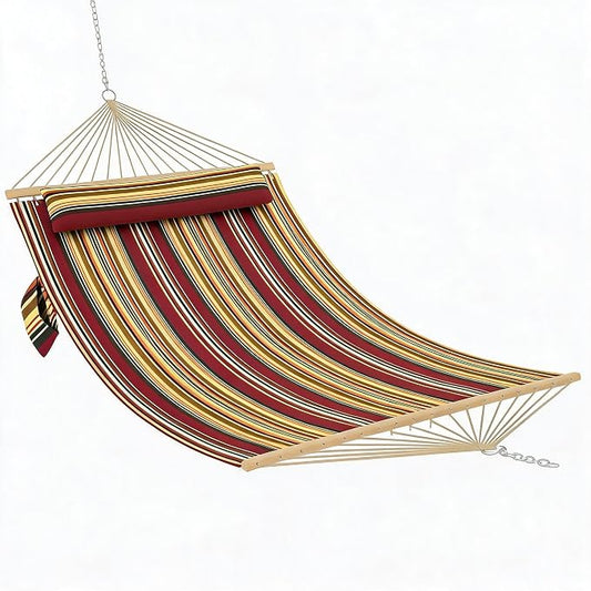 Garvee Double Quilted Fabric Hammock with Hardwood Spreader Bars and Pillow 450 LBS Capacity 2 Person Large Hammock for Outdoor Patio Backyard Poolside（Red and Yellow Stripes）