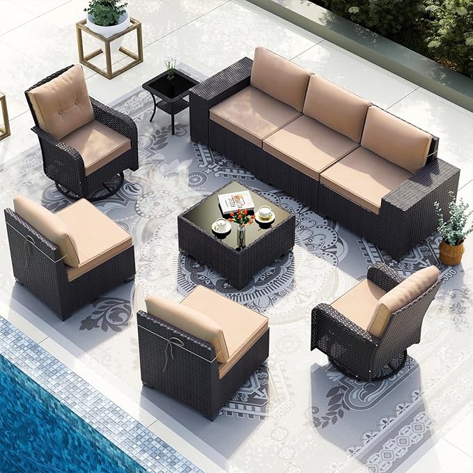 Gotland 9 Pieces Patio Furniture Set, 7-Seater Patio Furniture in 4 Combinations with Wide Armrests 29.5'' High Backrest, 2 Swivel Rocking Chairs 1 Coffee Table, for Deck Garden Pool Party Khaki
