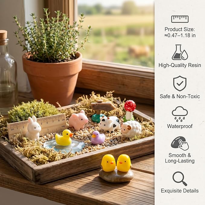 Zerobe 40Pcs Mini Farm Animal Figurines: Resin Fairy Garden Accessories | 40 Unique Resin Farm Animal Figurines: Small miniature garden figurines for DIY crafts, terrarium decor & mini displays.