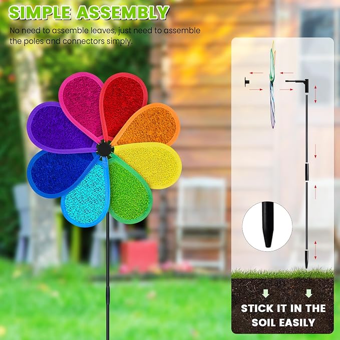 4 PCS 11.4" W x 28" H Reflective Pinwheels Sparkly Lawn Wind Spinners Colorful Rainbow Windmill for Garden Decoration Bird Devices Deterrent to Scare Birds Away（Multicolor）