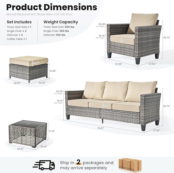 ovios 6 Pieces Patio Furniture Set Outdoor Sofa Couch with Solar Lights Table Comfy Cushions, Modern Deep Seat Wicker Rattan Conversation Set for Porch Deck, Beige