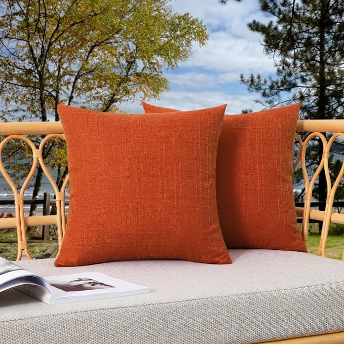 Kevin Textile Outdoor Waterproof 22”x22” Pillow Covers 2 Pack, Dark Orange | Water Resistant, Soft Faux Linen-cotton Yarn-dyed Woven Texture Throw Pillow Covers for Tent Patio Garden Couch Sofa