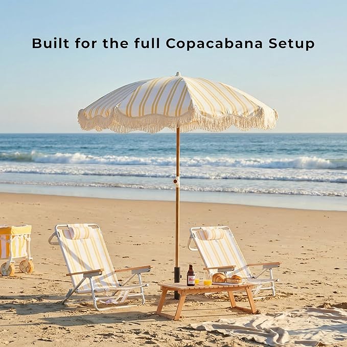 6FT Stripe Fringe Beach Umbrella for Sand with Sand Anchor, UPF 50+ Sun Shade with Tassels, Adjustable Tilt Pole, Portable Coastal Umbrella for Beach & Pool, Heritage Mimosa Stripe