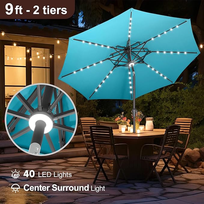 FLAME&SHADE 2 Tiers 9ft Solar Light Patio Umbrella, 40 LED lights outdoor umbrella with Centre Surround Light, Table Market Umbrella for Deck, Pool, Porch, Backyard, Garden (Aqua Blue)