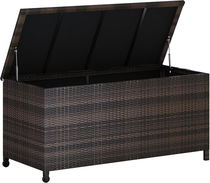Litake Large 125 Gallon Outdoor Deck Storage Box with Wheels & Handles – Heavy Duty Waterproof PE Rattan Chest – Weatherproof Patio, Garden, Poolside Organizer –Brown