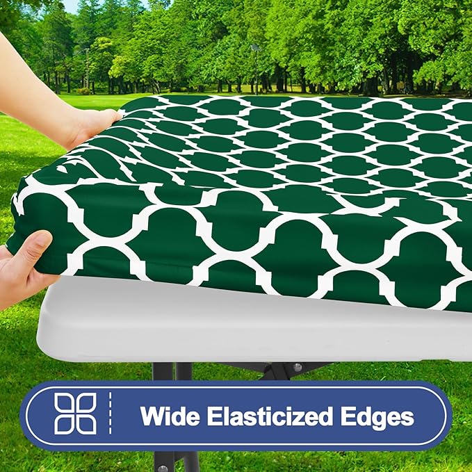 Smiry Picnic Table Cover with Bench Covers, Waterproof Elastic Fitted Tablecloth for 6 Foot Tables, Washable Polyester Tablecloths for Camping, Indoor & Outdoor (Emerald Green, 30x72 Inch 3-pc Set)