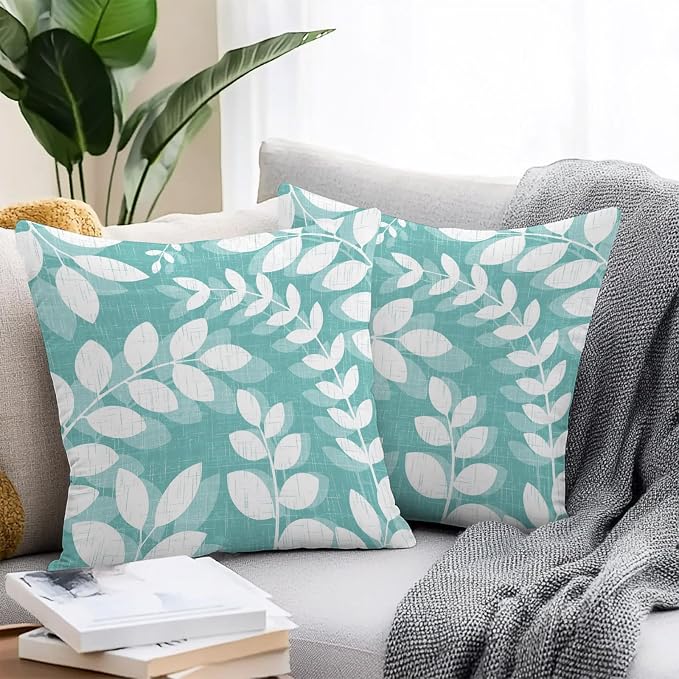 Teal Green Leaves Outdoor Waterproof Throw Pillow Covers 26x26 Set of 2, Farmhouse Botanical Branch Vintage Boho Leaf Decorative Pillowcases Cushion Pillowcase for Couch Sofa Patio Pillow Protector