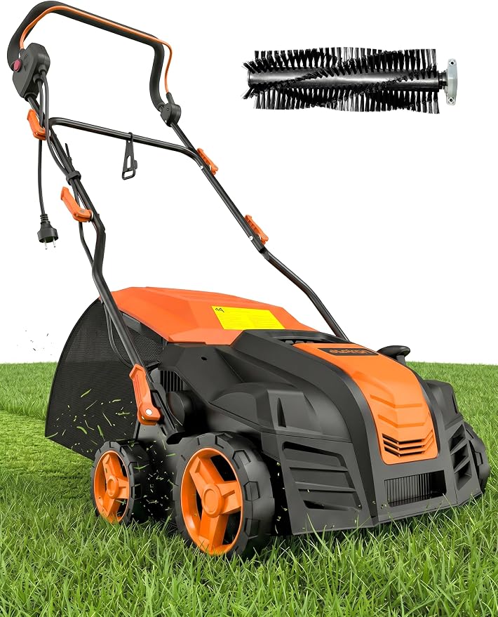 Aspiron Artificial Grass Sweeper, 16-Inch 2000W Electric Power Broom for Artificial Turf, Lawn Sweeper with 55L Removable Collection Bag, 5-Position Height Adjustment, Foldable, Orange