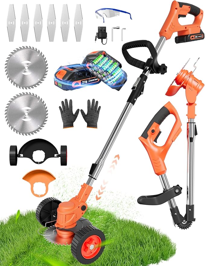 Cordless Weed Wacker, 21V 2-in-1 Lightweight Stringless Weed Wacker, Foldable 2.0Ah Battery Powered Weed Trimmer, Grass Trimmer/Brush Cutter/Edger Lawn Tool for Yard Lawns Garden
