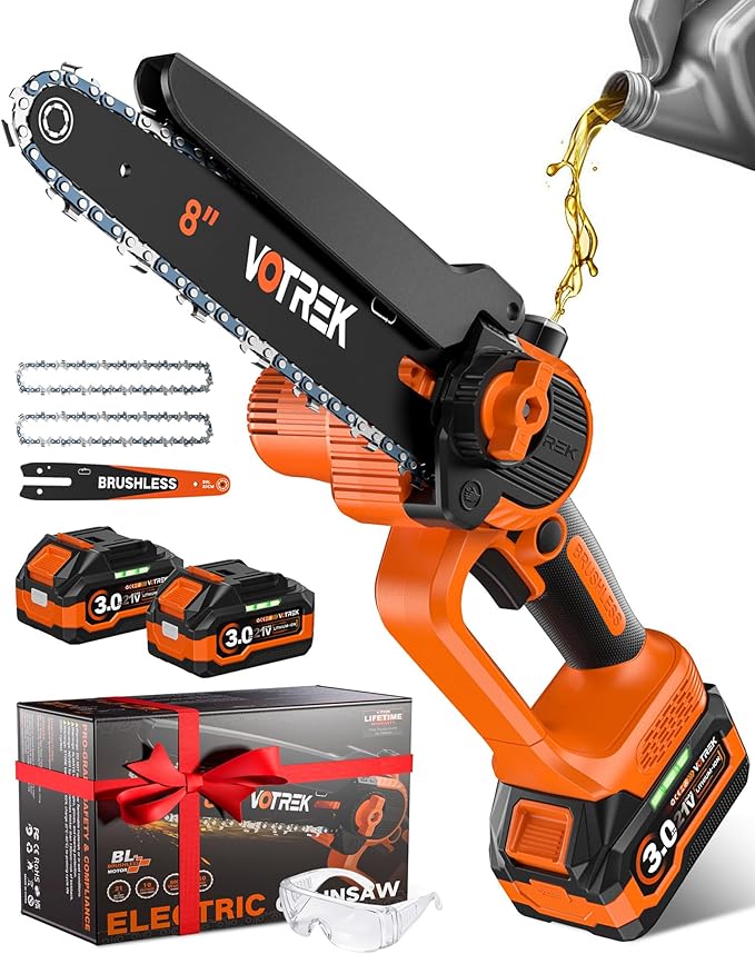 VOTREK® 8-Inch Mini Chainsaw Cordless, 2 x 3.0Ah Batteries, Electric Chain Saw with 2 Chains, Brushless Motor, Auto Oiler, Tool-Free Tensioner for Tree Trimming and Yard Cleanup
