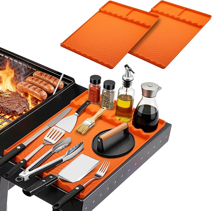 Silicone Grill Mat for Blackstone - BBQ Griddle Tools Side Mat with Drip Pad, Griddle Tools Mat for Outdoor Kitchen Countertop, BBQ Grill Accessories Gifts for Men (Orange-2Pack)