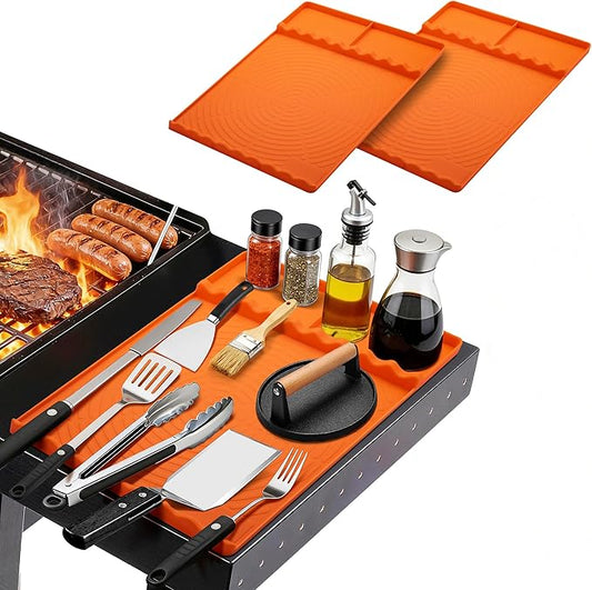 Silicone Grill Mat for Blackstone - BBQ Griddle Tools Side Mat with Drip Pad, Griddle Tools Mat for Outdoor Kitchen Countertop, BBQ Grill Accessories Gifts for Men (Orange-2Pack)