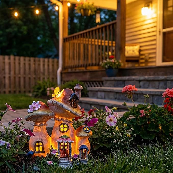Candieslife Solar Garden Statue Lights Mushroom Mothers Day Decorations Fairy House Figurine Lights, Outdoor Memorial Garden Ornaments Waterproof Decoration for Outside Patio Yard Lawn Decor