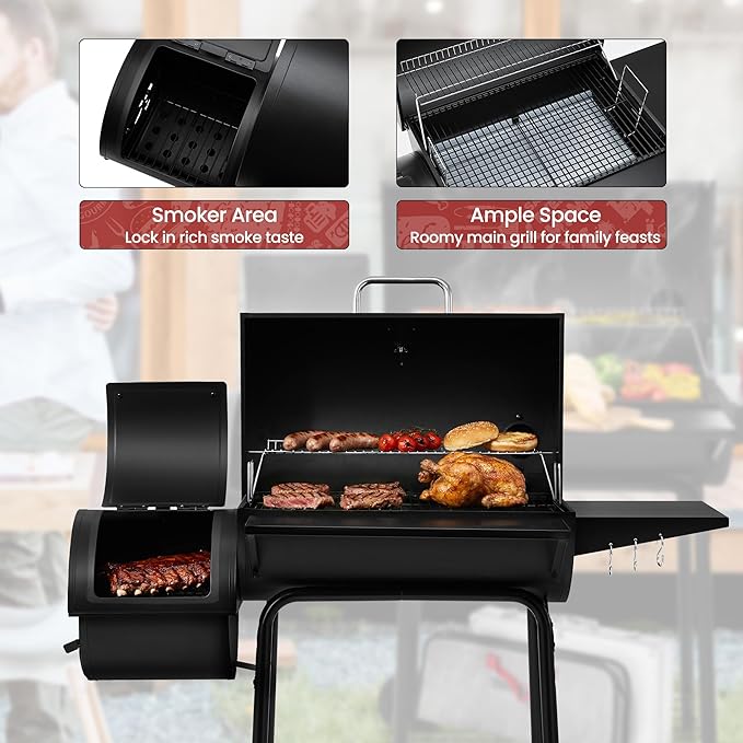 Royal Gourmet CC1830S BBQ Charcoal Grill and Offset Smoker | 823 Square Inch cooking surface, Outdoor for Camping | Black