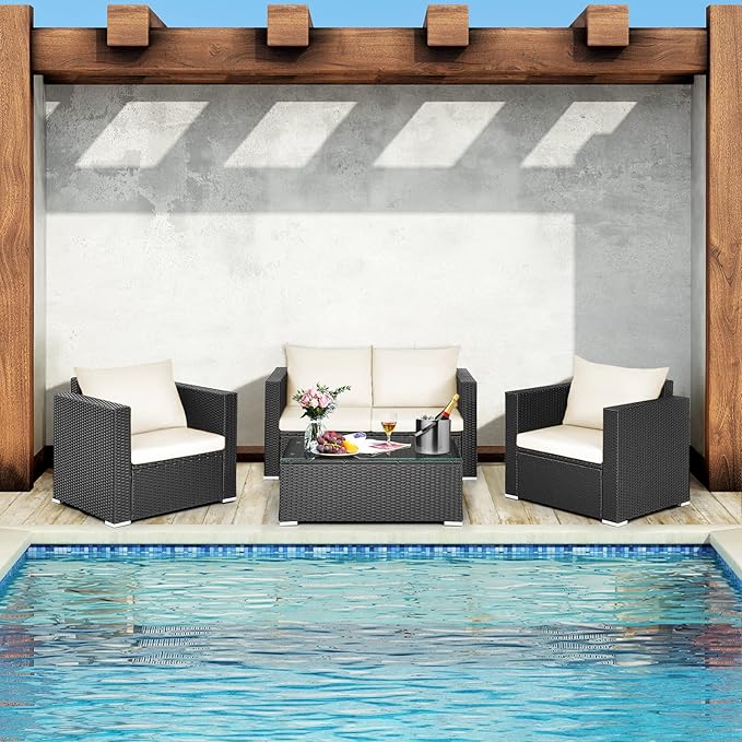 COSTWAY 4-Piece Patio Rattan Furniture Set, Cushioned Sofa Chair, Loveseat and Coffee Table with Tempered Glass Top, Outdoor Conversation Sets for Garden Poolside Balcony Porch (White)