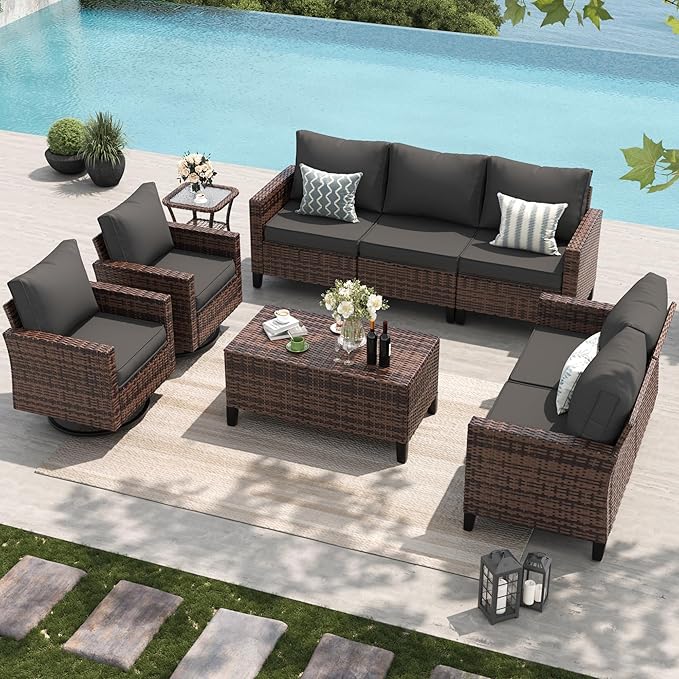 Amopatio Patio Furniture Set, 6-Piece Wicker Outdoor Sectional Sofa with Swivel Rocker Chairs, Rattan Conversation Set with Storage Coffee Table and Waterproof Cover for Backyard Brown/Grey