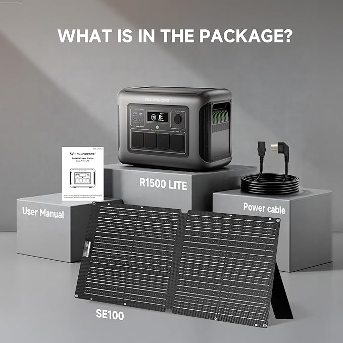 ALLPOWERS Solar Generator R1500 LITE with 100W Foldable Solar Panel,1056Wh Portable Power Station LiFePO4 (LFP) Battery,1600W AC/100W USB-C Output for Outdoor Camping,Travel,Hunting,and Power Outages
