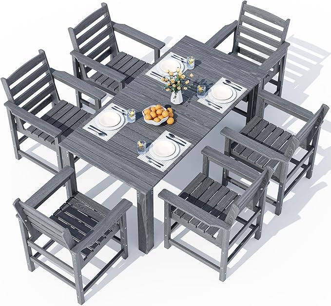 Outdoor HDPE Dining Table Set, 7-Piece Outdoor Dining Table Sets, Wood Grain Patio Furniture Sets with Umbrella Hole for Porch, Backyard, Gray