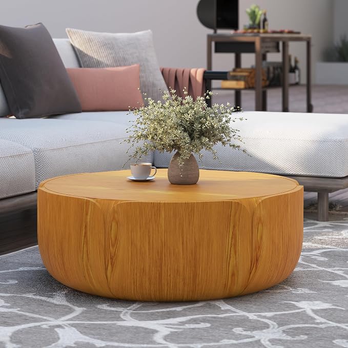 36" Round Outdoor Coffee Table Natural Waterproof Sturdy MGO Wood Texture Grain Drum Center Table for Patio Garden Backyard Living Room, No-Assembly