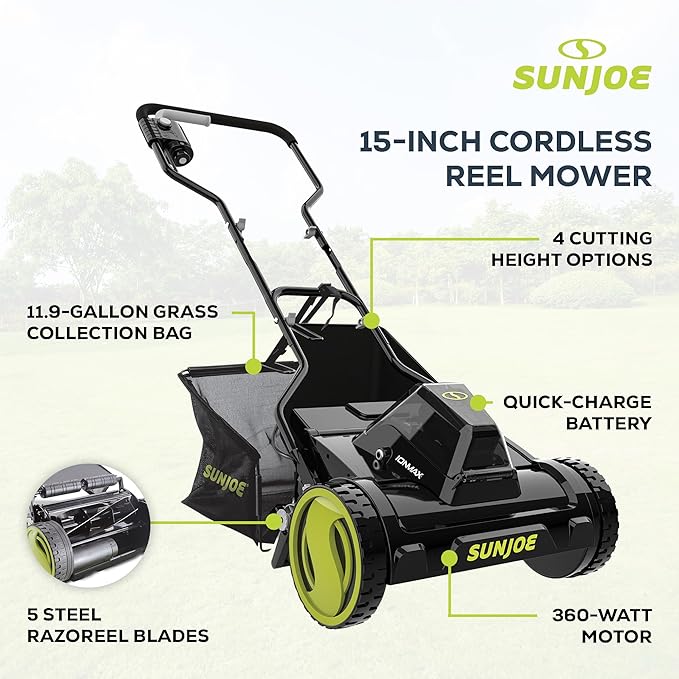 Sun Joe Cordless Electric Push Lawn Mower with 11.9-Gal Bag, 15-Inch Cutting Width, 360W Motor - Heavy-Duty Yard Trimmer for Gardening Care and Maintenance, IONMAX 24V-CRLM15