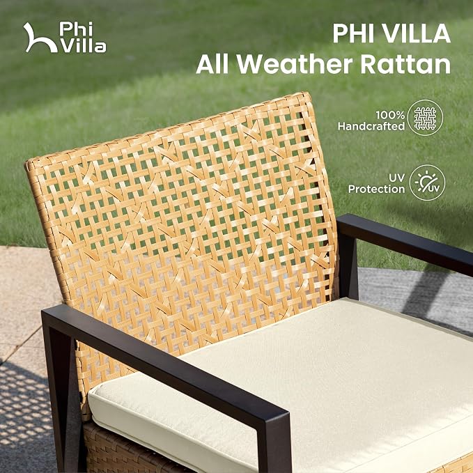 PHI VILLA Wicker Patio Furniture Set for 4, Rattan Small Patio Loveseat and Chairs with Acacia Wood Coffee Table, Outdoor Conversation Set with Cushion, Front Porch Furniture for Deck, Yard, Garden