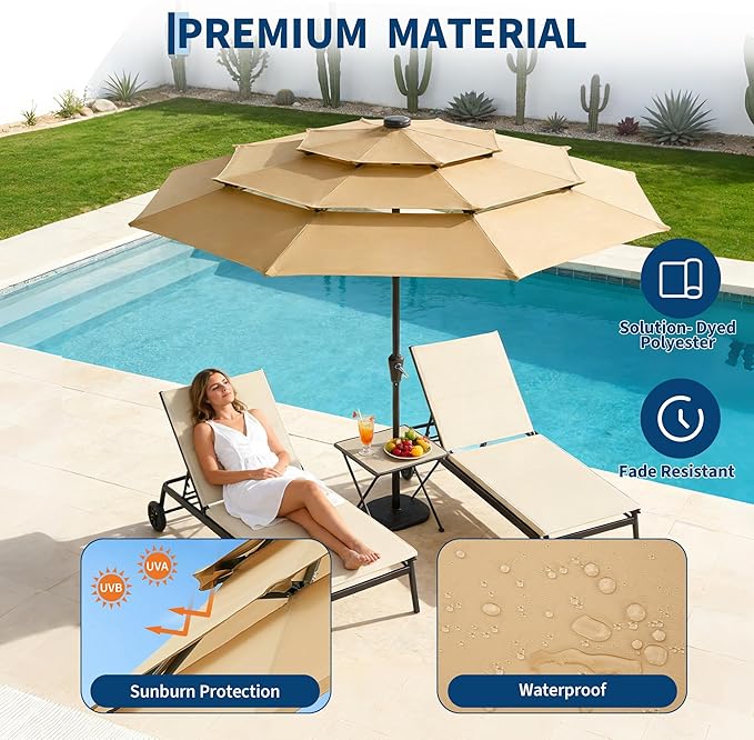 Garvee 9ft 10ft Patio Umbrella with Solar Lights, 3-Tier Umbrella Outdoor Patio with LED Lights, Ventilation, Easy Crank & Tilt, 8 Sturdy Ribs, UV Protection, Large Patio Umbrella for Deck, Pool