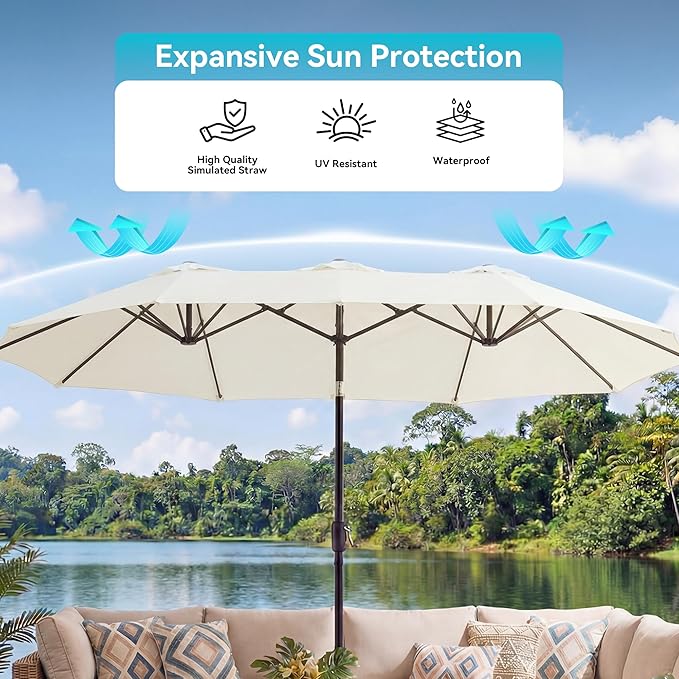 COSIEST 15FT Patio Umbrella with Base Included, Outdoor Double-Sided Table Umbrella,Large Rectangular Market Umbrella w Crank Handle for Garden, Pool, Deck Shade,Beige