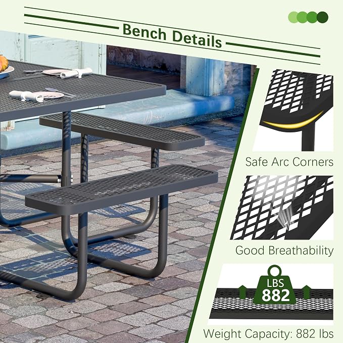 46'' Heavy Duty Outdoor Picnic Table - Commercial Grade Square Steel Picnic Table Set, Umbrella Hole, Rust-Resistant Metal Mesh Tabletop for Patio, Garden, Park, BBQ - Black