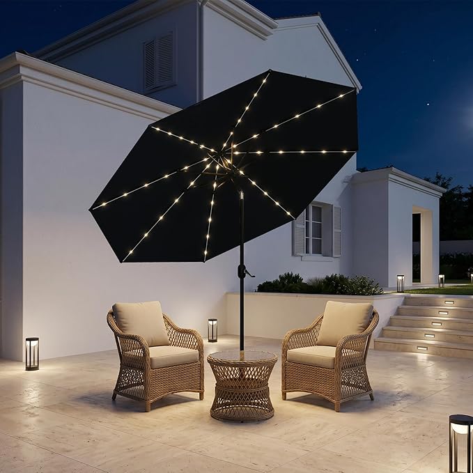 PURPLE LEAF 10' Round Patio Umbrella with Solar LED Outdoor Table Umbrella Aluminum Frame Market Umbrella with 8 Sturdy Ribs & Tilt for Garden Deck Lawn Pool Navy Blue