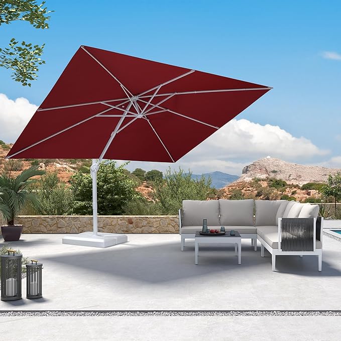 PURPLE LEAF 9' × 11.5' Patio Umbrella White Cantilever Umbrella Aluminum Square Outdoor Offset Umbrella Hanging Windproof with 360° Rotation for Garden Deck Pool, Red