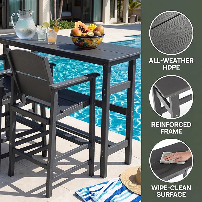 Outdoor Bar Table, HDPE Patio Pub Table, Weather-Resistant Tall Console Table for Backyard, Balcony & Garden, Durable All-Weather High Top Table, Easy Maintenance,Grey