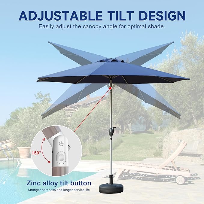 Domi 9FT Patio Umbrella Outdoor Market Umbrella with Silver Aluminum Pole, UV Resistant Canopy, Wind Vent, Tilt & Crank System, Perfect for Patio, Garden, Deck, Pool, Outdoor Dining, Navy Blue