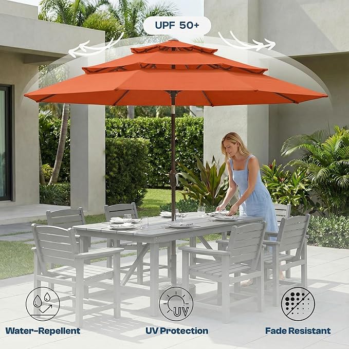 10ft Patio Umbrella, 3 Tier Outdoor Market Table Umbrellas with 8 Fiberglass Ribs and Push Button Tilt, Windproof, Vented Canopy, UV Protection for Deck, Pool, Backyard