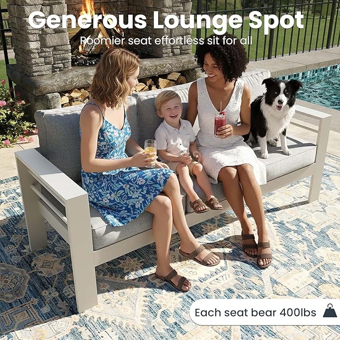 4 Pieces Modern Aluminum Patio Furniture Set with Fire Pit Table, Outdoor Conversation Sets Metal Sectional Sofa