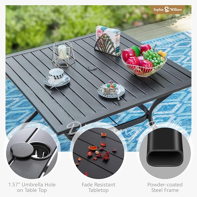 Sophia and William Patio Dining Set, for 4, Swivel Chairs | E-Coated and Steel, Square Table, Swivel Chirs, 1.57 umbrella hole, Weather-Resistant, Easy to Clean