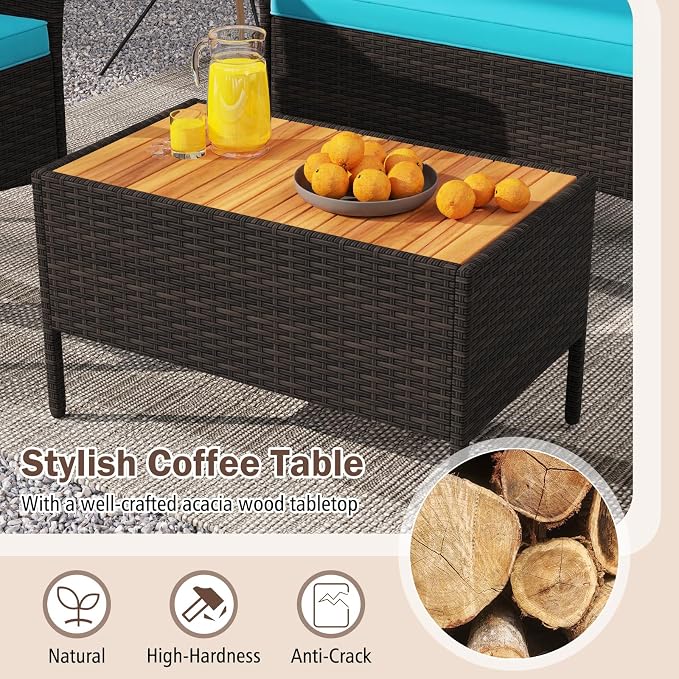 Tangkula 4 Pieces Patio Wicker Sofa Set, 2 Rattan Chairs & Loveseat w/Coffee Table, Acacia Wood Armrests & Tabletop, Outdoor Cushioned Conversation Set for Backyard, Poolside (Turquoise, 4 Pieces)