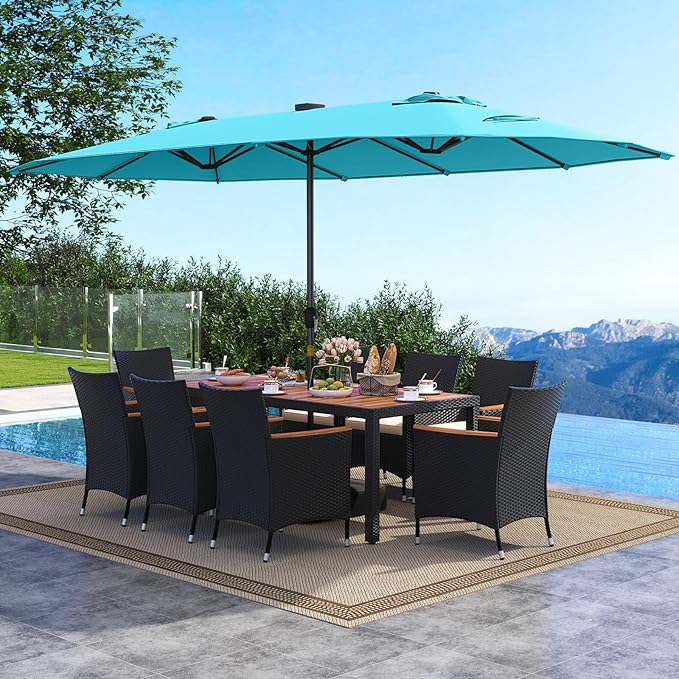 Tangkula 11 Pieces Patio Dining Set with Double-Sided Led Patio Umbrella (Base Included), with 8 Stackable Chairs, Acacia Wood Dining Table and Large Umbrella with Solar Lights (Turquoise + Off White)