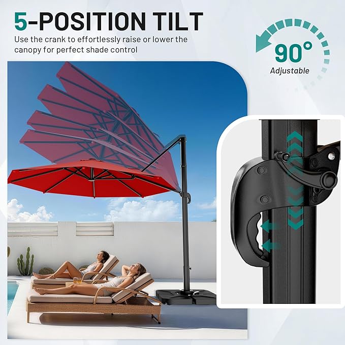 AreShark 10FT Cantilever Patio Umbrella, 360-Degree Rotation Round Hanging Offset Umbrella with Crank, Heavy Duty Patio Umbrella for Patio, Pool, Garden, Deck, Red